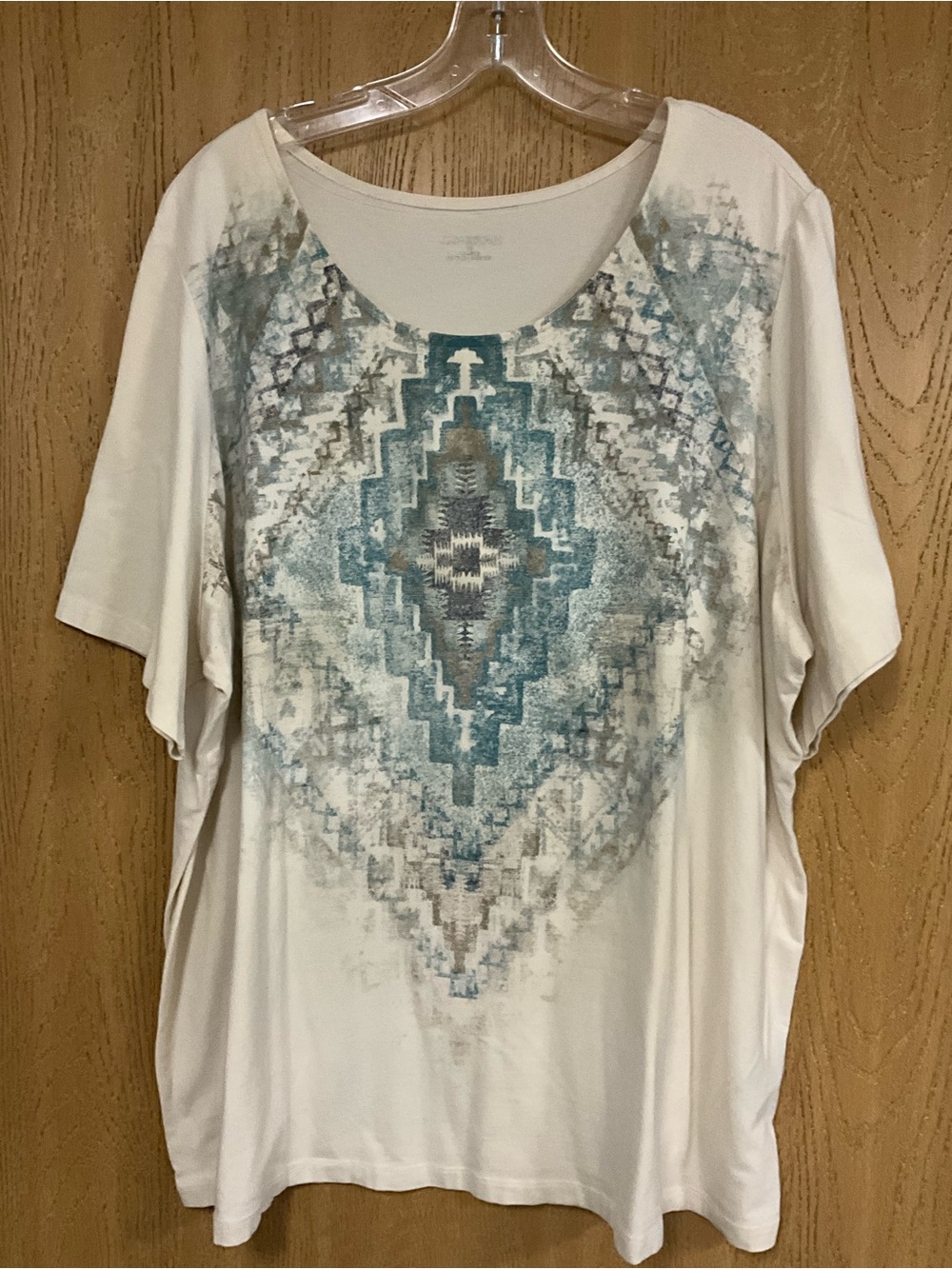 Catherines Cream Short-Sleeve Top with Teal Aztec Motif